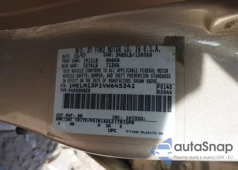 1997 Mercury Tracer Ls z USA, uszkodzony, nr VIN 1MELM13P1VW645341